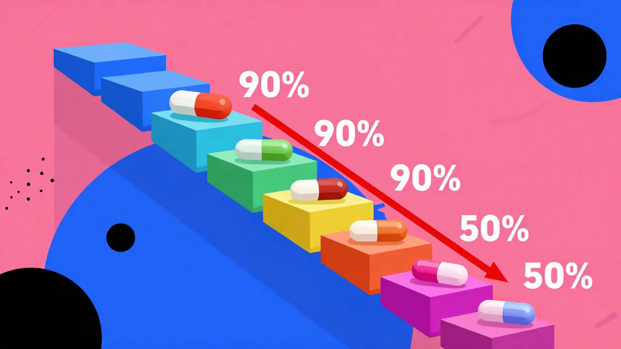 A colorful descending staircase showing how drug prices drop as more generic competitors enter the market.