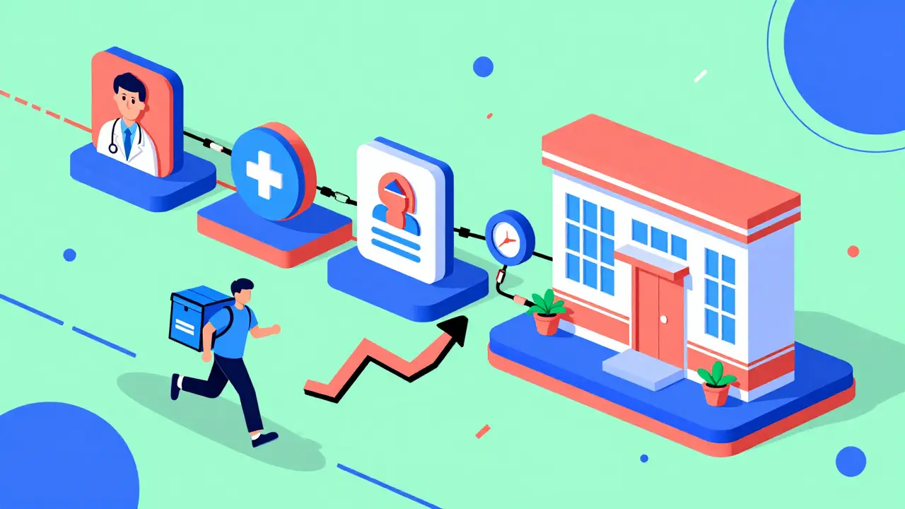A colorful geometric flow chart showing the medication delivery process