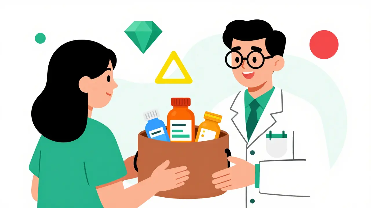 A pharmacist and patient with a bag of medicines in a vibrant Memphis design style.