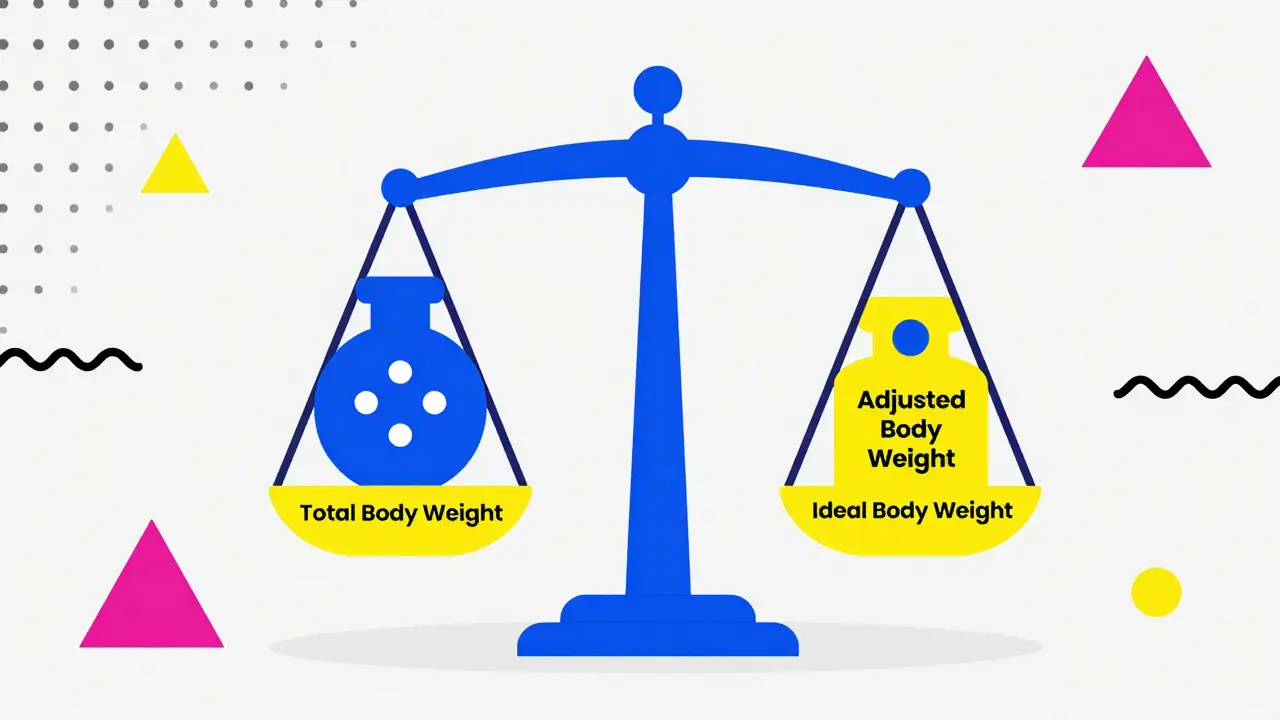 Colorful balance scale comparing total body weight and adjusted body weight metrics.