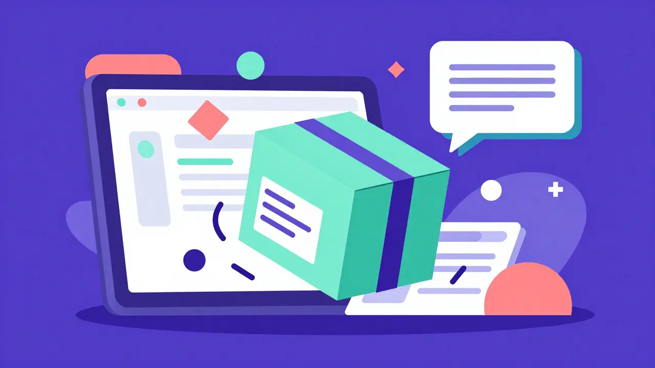 Colorful Memphis design artwork showing a medication package and digital health symbols.