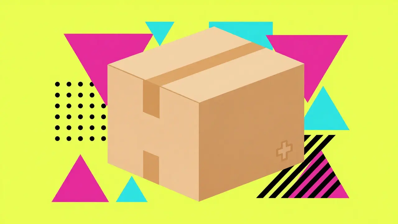 Colorful Memphis design illustration of a delivered medical package with geometric shapes.