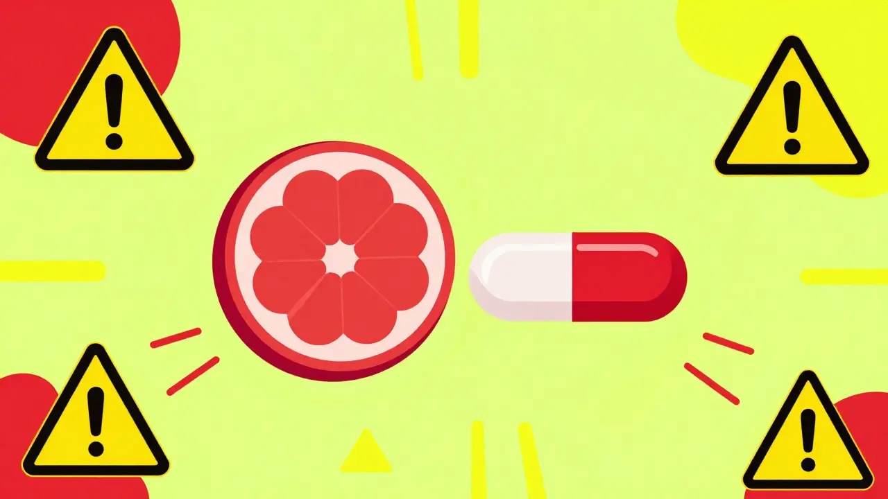 Graphic design of fruit and pill clashing with abstract warning symbols.