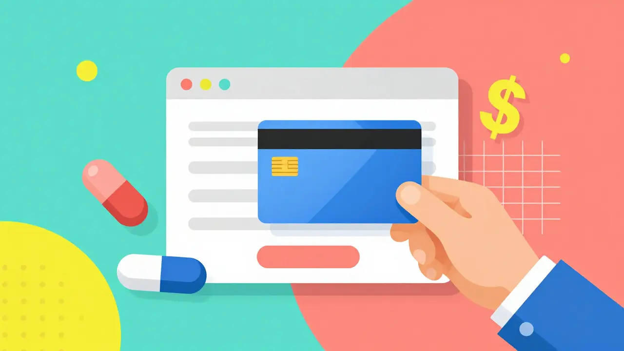 Hand using a payment card for online pharmacy purchase in abstract style