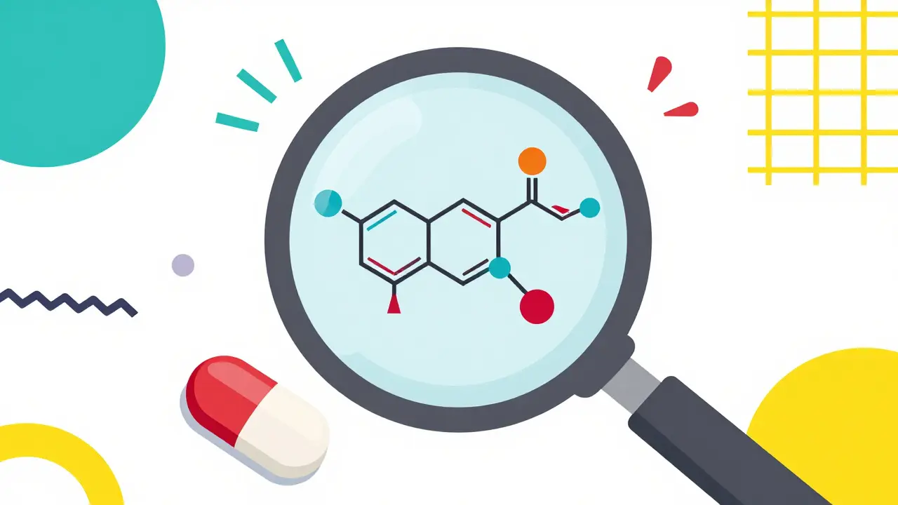 Magnifying glass showing identical chemical structures of brand and generic pills in Memphis style.