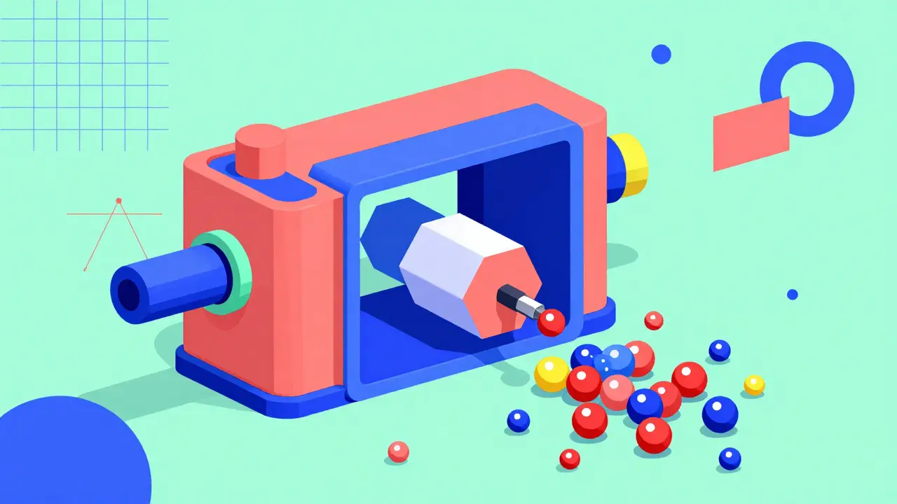 Memphis design illustration of a pump being blocked, causing medication molecules to accumulate.