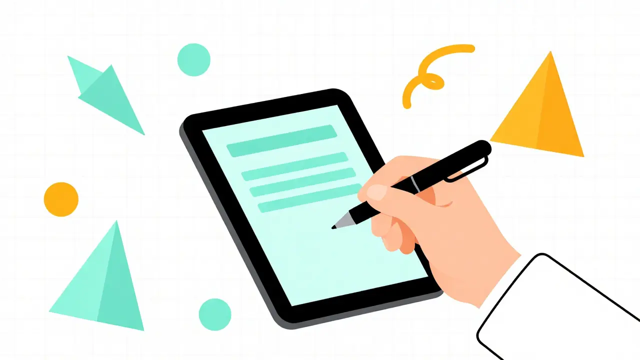 Memphis style illustration of a doctor using a tablet to provide a medical prescription.