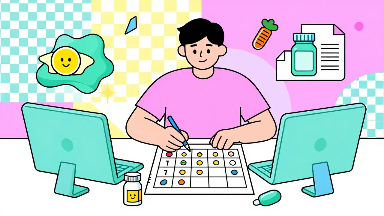 Person organizing health papers on desk surrounded by colorful patterned shapes.