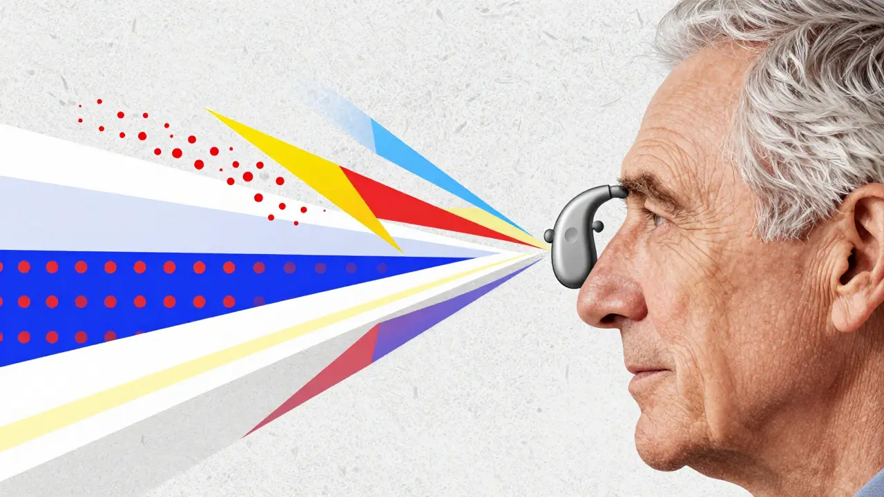 Profile of a person with a hearing aid emitting bright, clear geometric sound patterns.