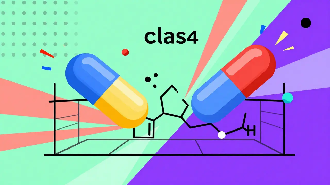 Stylized colorful pills colliding at a gate with Memphis design patterns and squiggles.