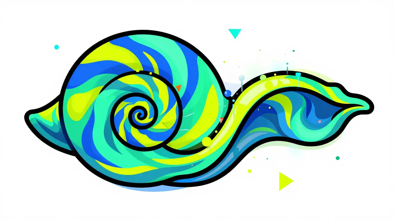 Stylized colorful spiral of the inner ear cochlea with geometric sensory hair cells.