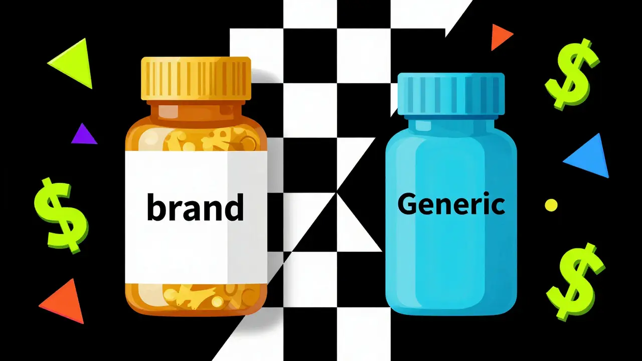 Stylized comparison of brand-name and generic pill bottles in a bold Memphis design style.