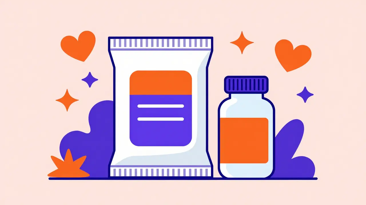 Stylized medication bottles and health symbols in Memphis Design style