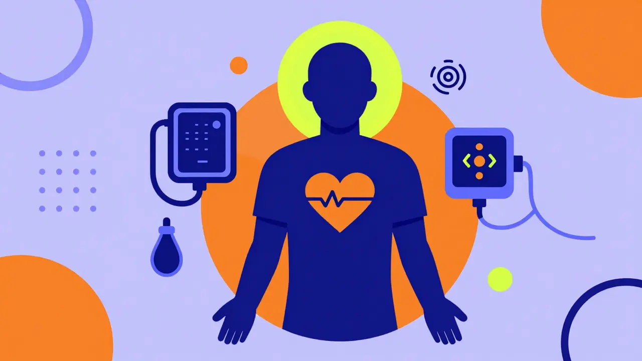 Stylized silhouette with a yellow-green halo and heart symbol in a vibrant Memphis design style.