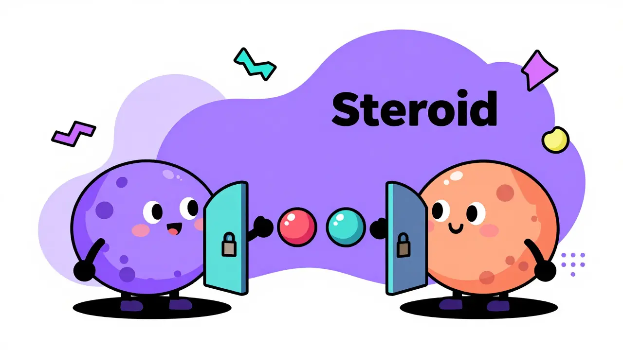 Abstract cells locking out glucose molecules in a vibrant Memphis style illustration