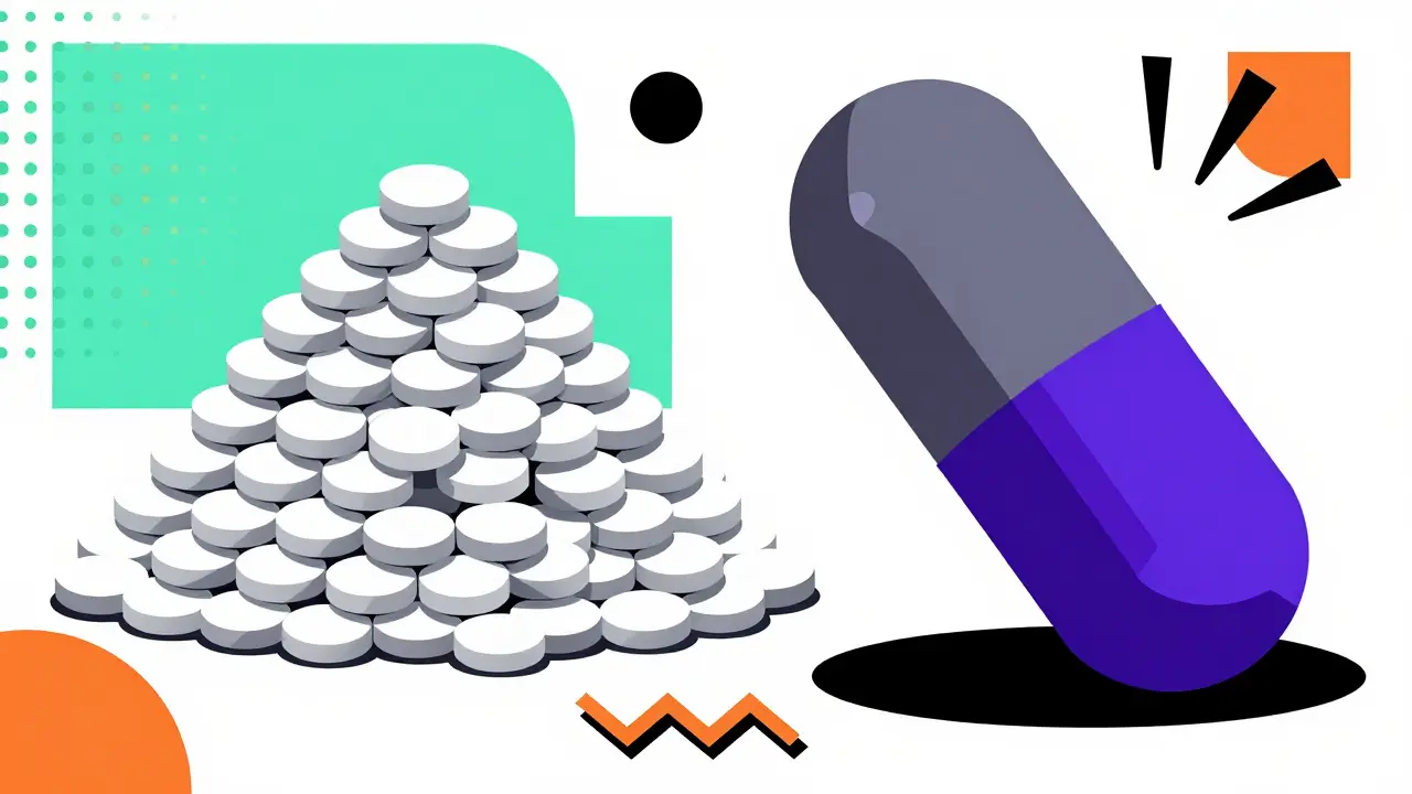 Abstract illustration contrasting many cheap pills with one expensive brand drug