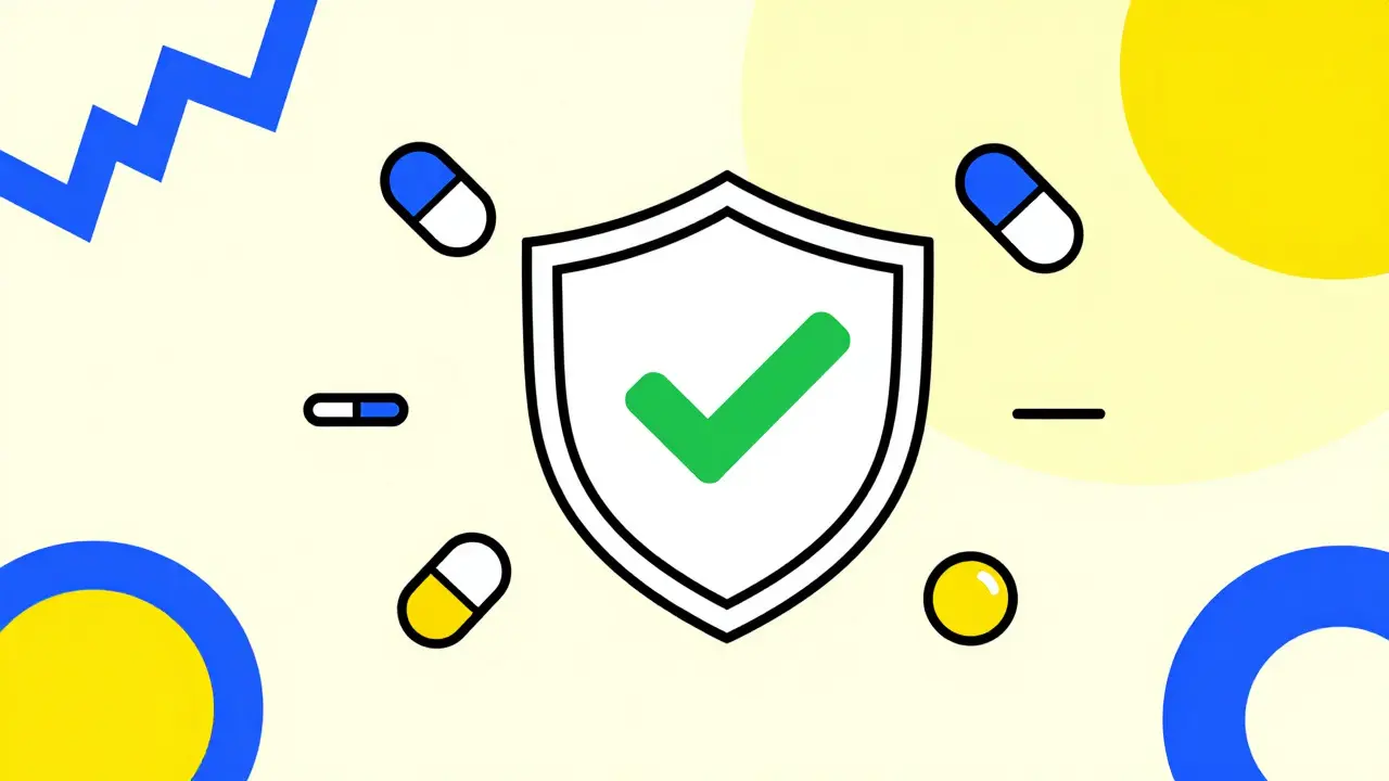Abstract illustration of certified safe online pharmacy with shield icon