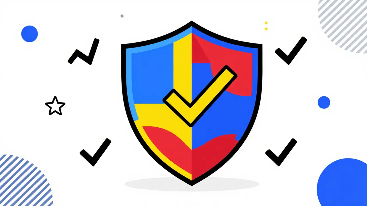 Abstract Memphis style shield icon representing safe online pharmacy verification.