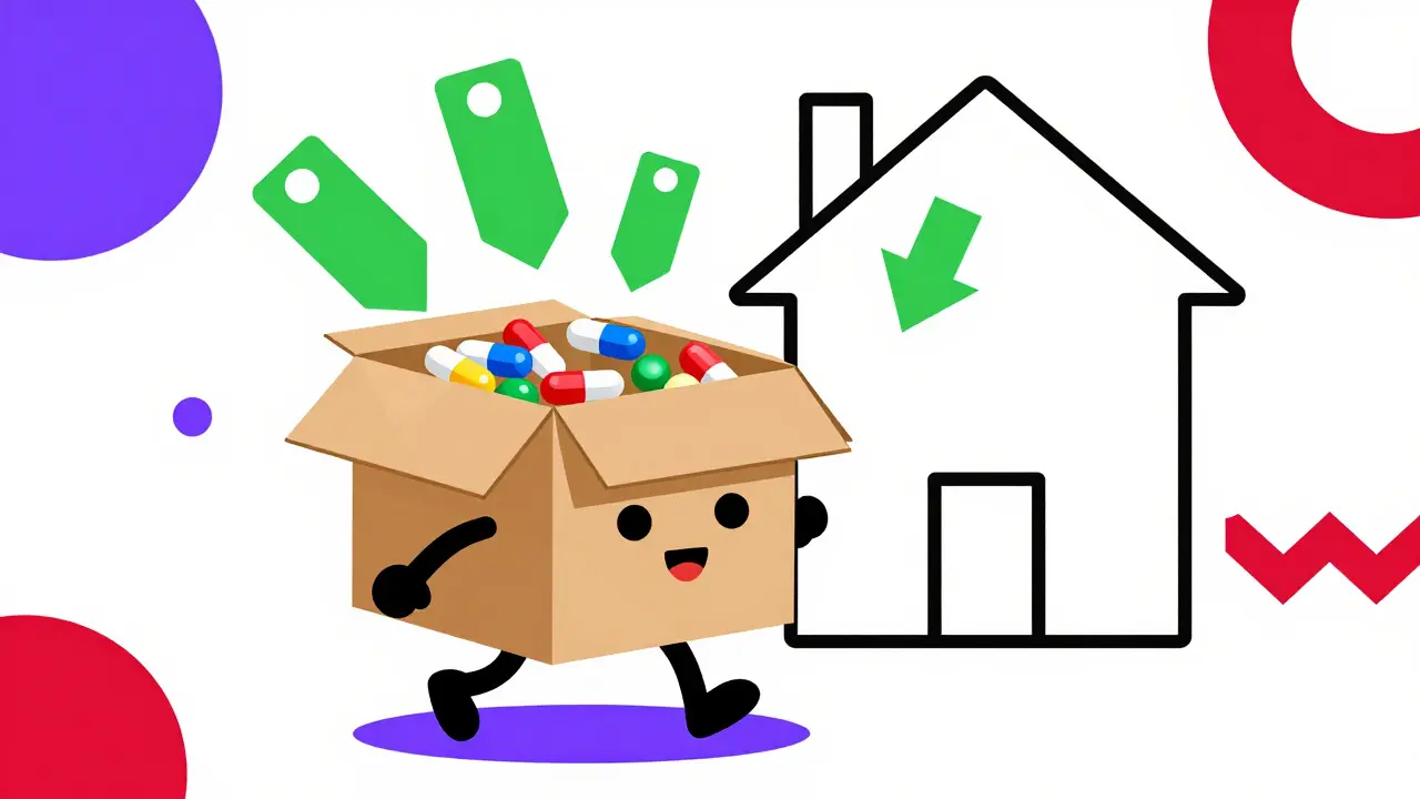Cartoon delivery box with medicine walking to a home, surrounded by abstract cost-saving symbols.