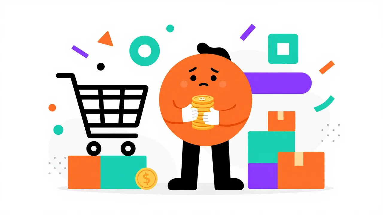 Cartoon figure holding money near shopping icons, representing savings.