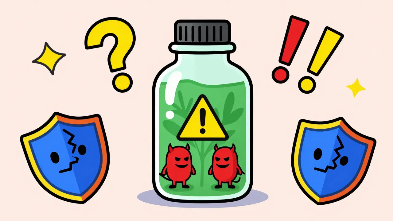 Cartoon herbal bottle revealing hidden dangers and contaminants inside