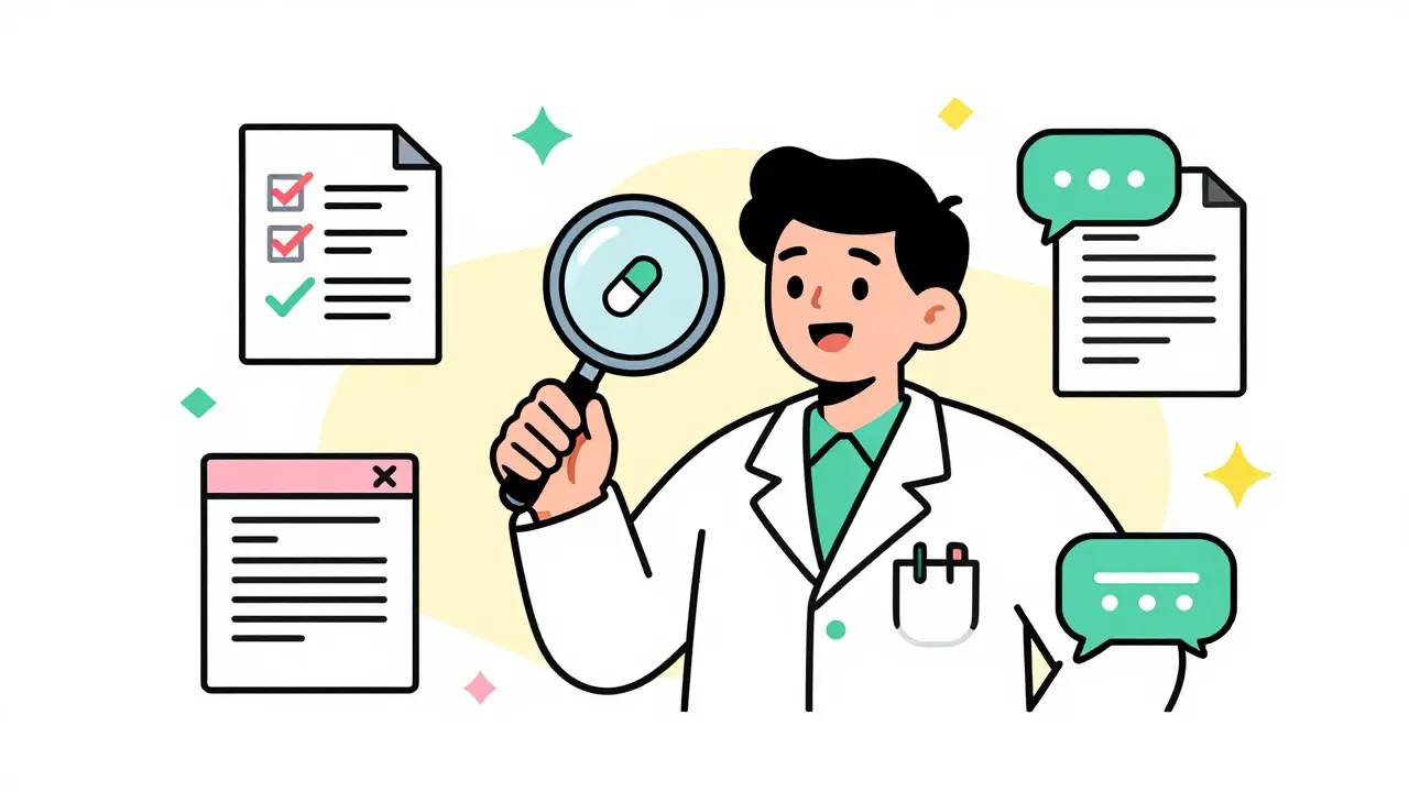 Cartoon pharmacist checking a pill with magnifying glass amidst reporting symbols