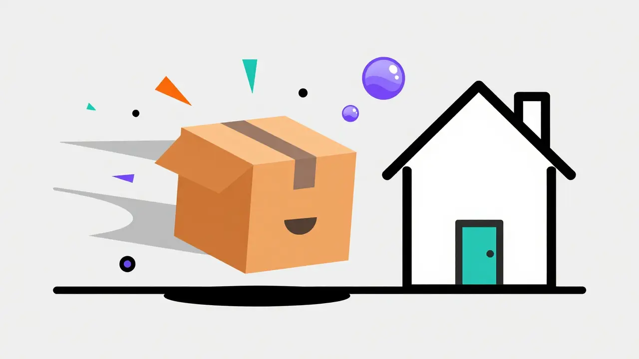Colorful Memphis design illustration of a smiling package delivering medication home.