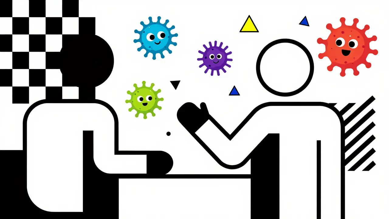 Colorful Memphis illustration of personnel contamination risks in labs.