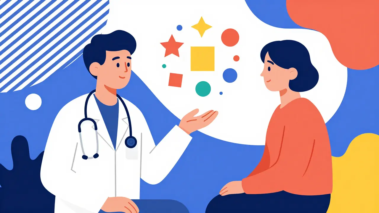 Doctor and patient discussing medication safety with colorful shapes.