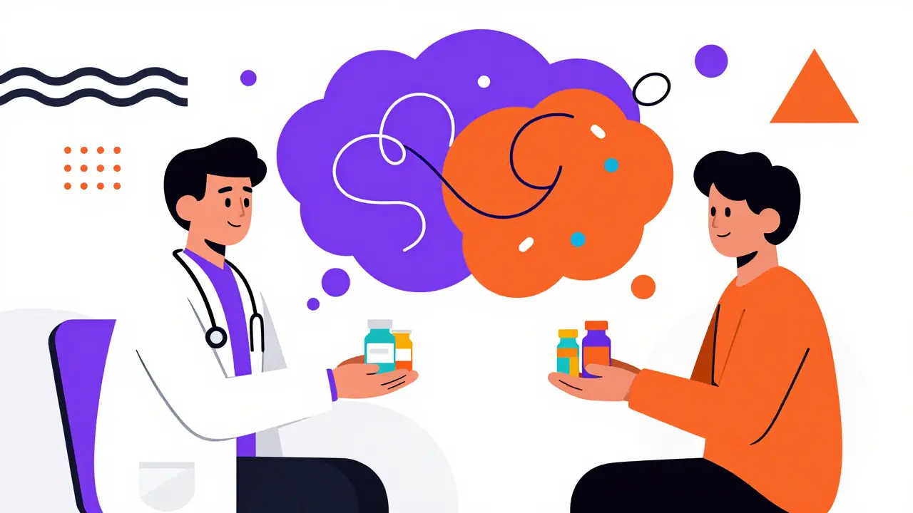 Doctor and patient discussing supplement interactions with abstract chaos