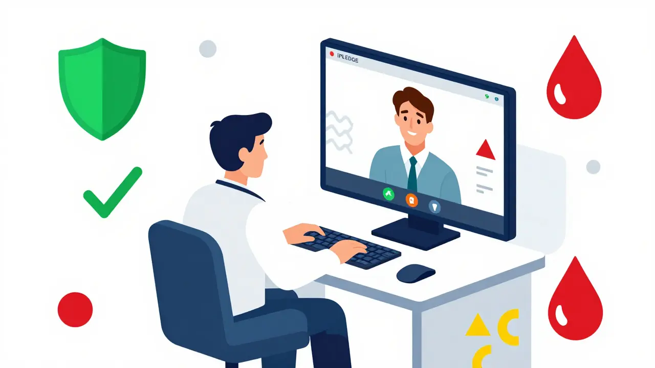 Doctor and patient video call with safety symbols in bright geometric art