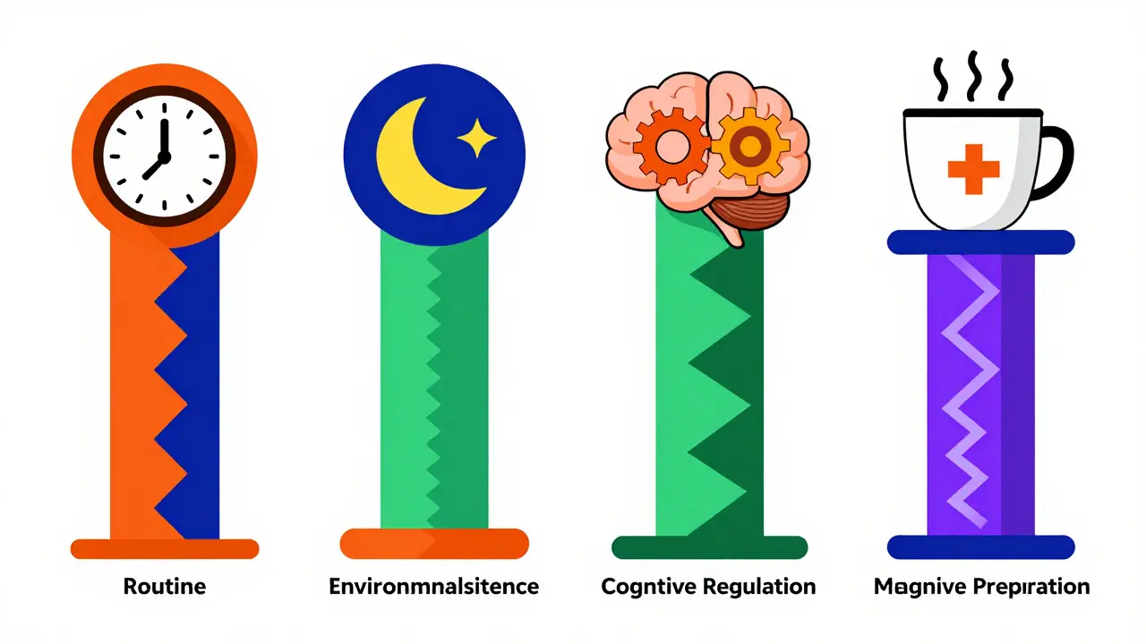 Four colorful Memphis-style pillars illustrating key sleep hygiene behaviors.