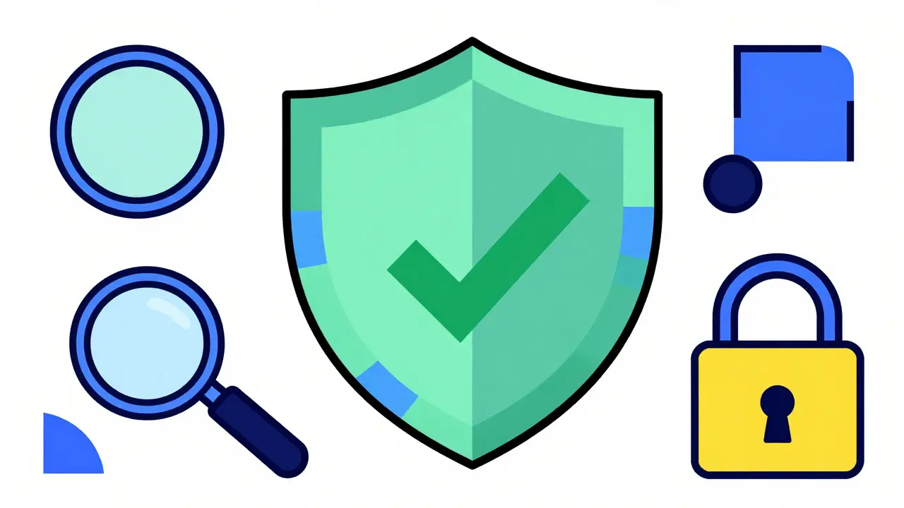 Geometric shield and checkmark symbolizing safe online pharmacy practices