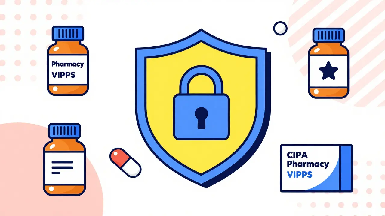 Illustration of a safety shield and pill bottles representing verified online pharmacies.