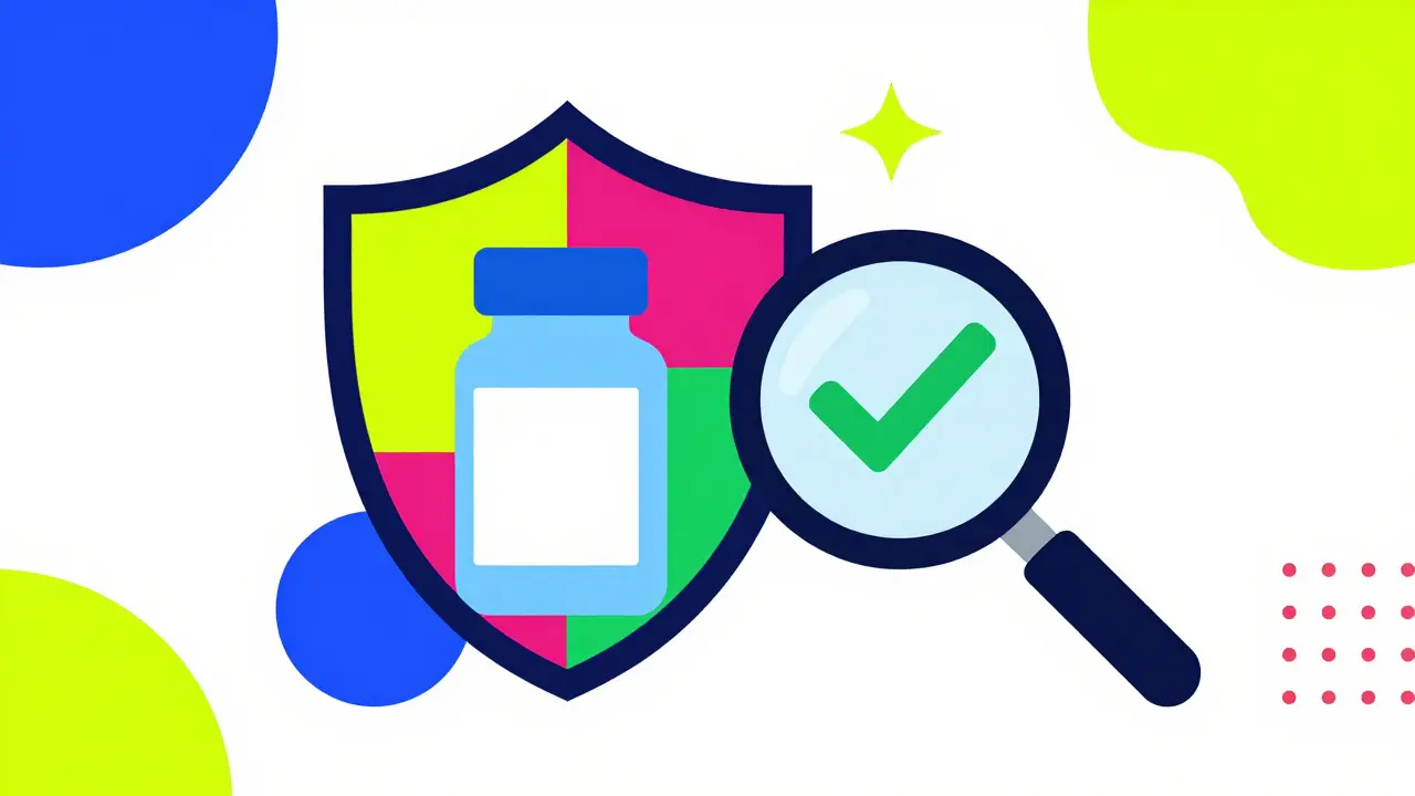 Shield and magnifying glass protecting a pill bottle, symbolizing safety.