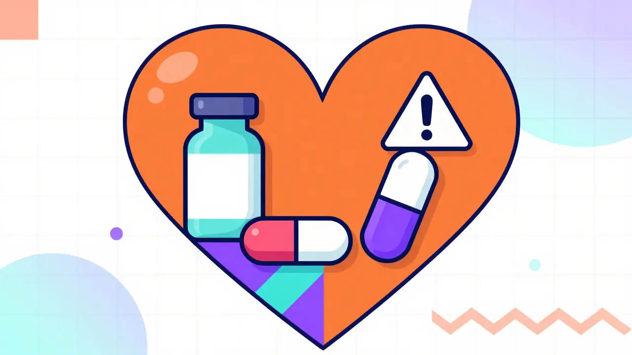 Stylized heart and medication icons in colorful Memphis pattern illustrating drug risks