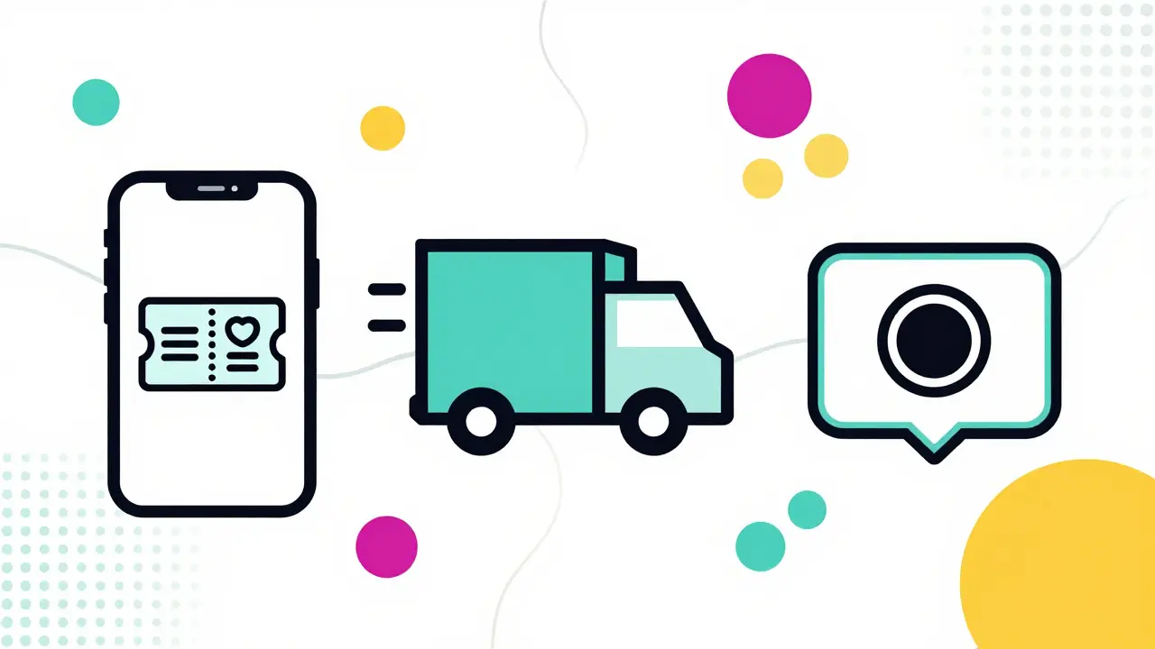 Stylized icons for coupons, delivery, and telehealth in Memphis design