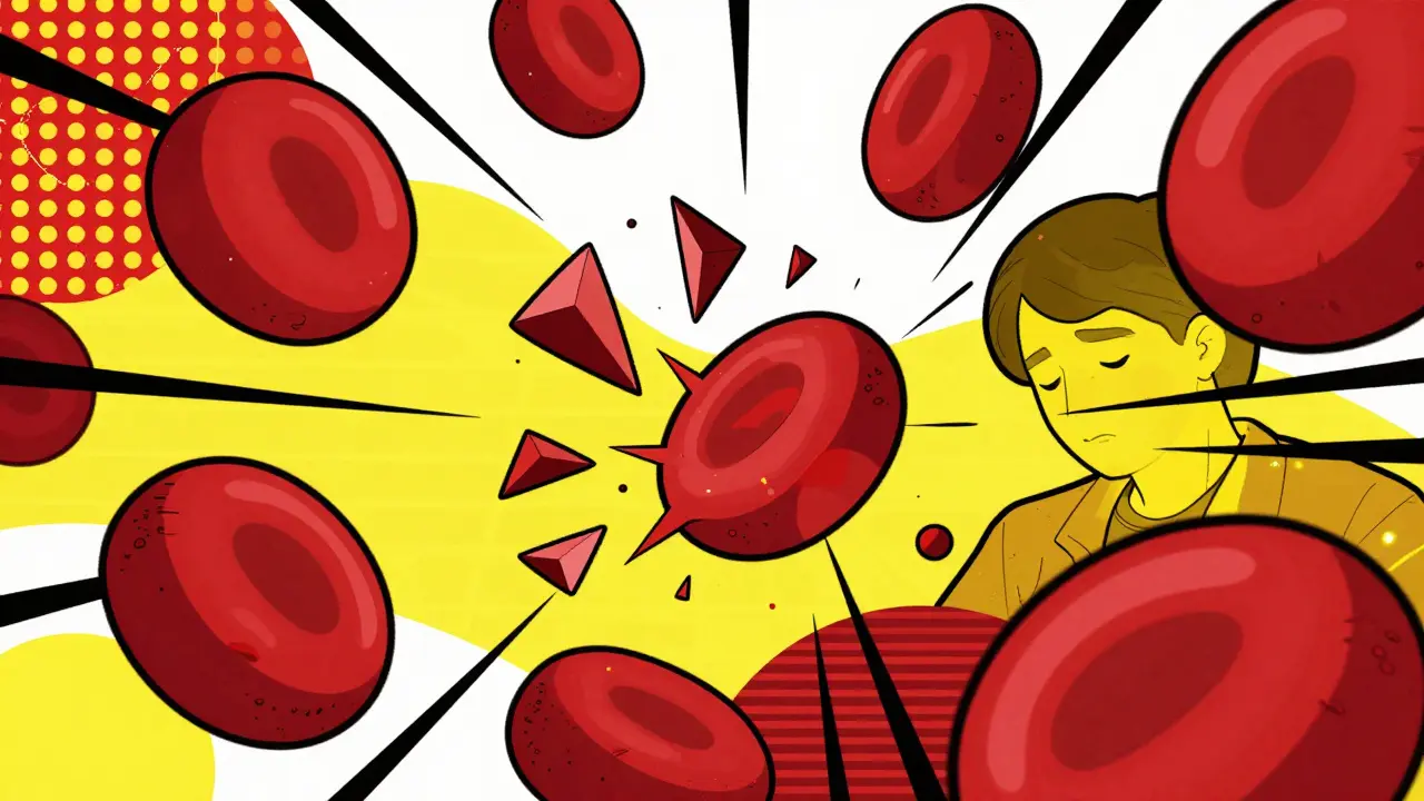 Stylized illustration of red blood cells breaking down due to anemia