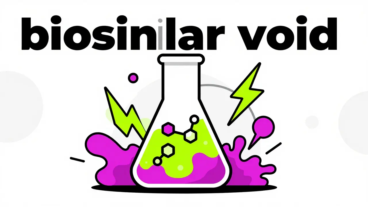 Stylized lab flask with molecules forming bridges, representing biosimilar innovation