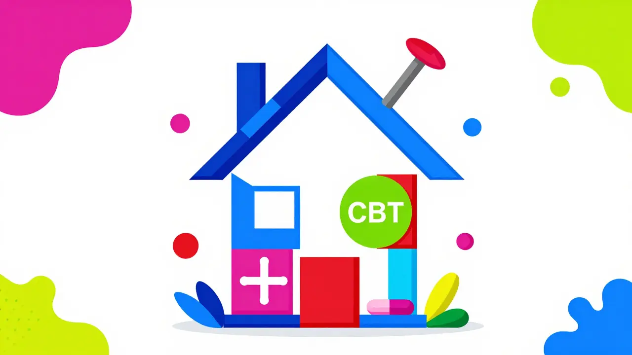 Abstract Memphis style house built from colorful geometric shapes representing multimodal pain therapies.