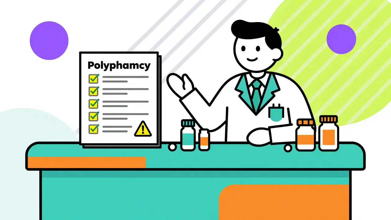Cartoon pharmacist with medication list and safety icons in Memphis art