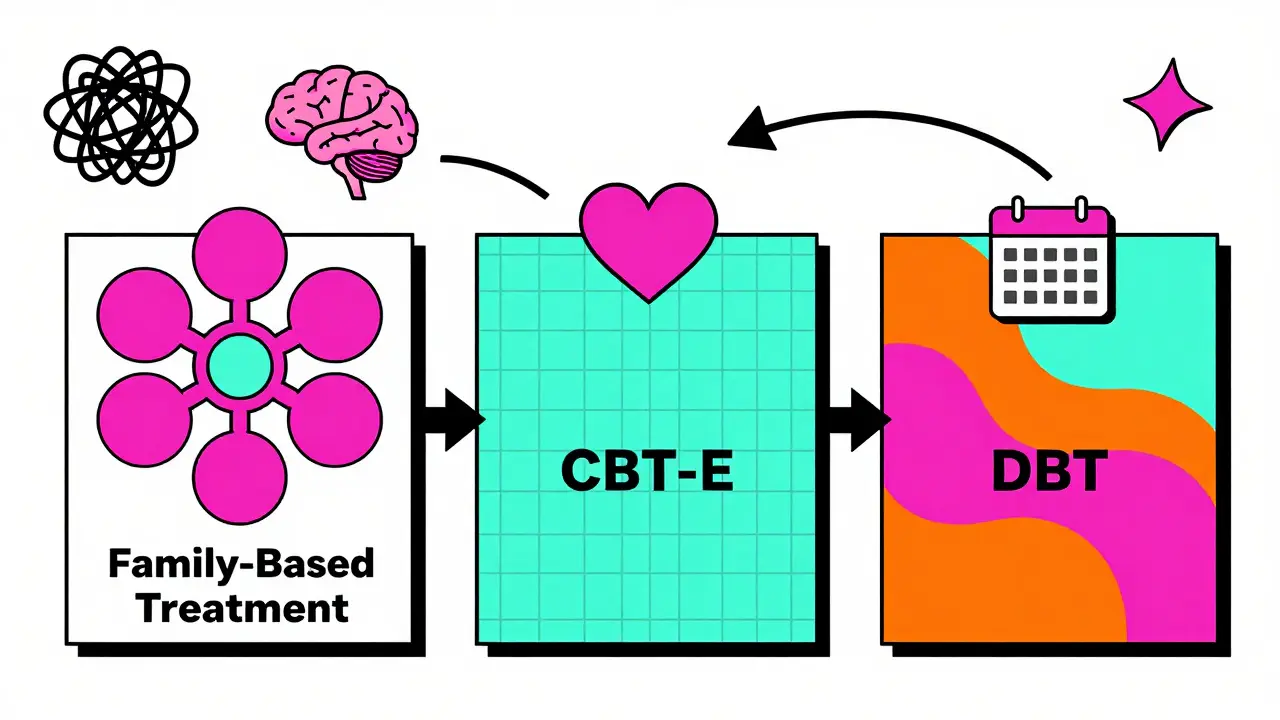 Colorful Memphis design graphic depicting structured therapy zones and symbols for evidence-based eating disorder treatments.