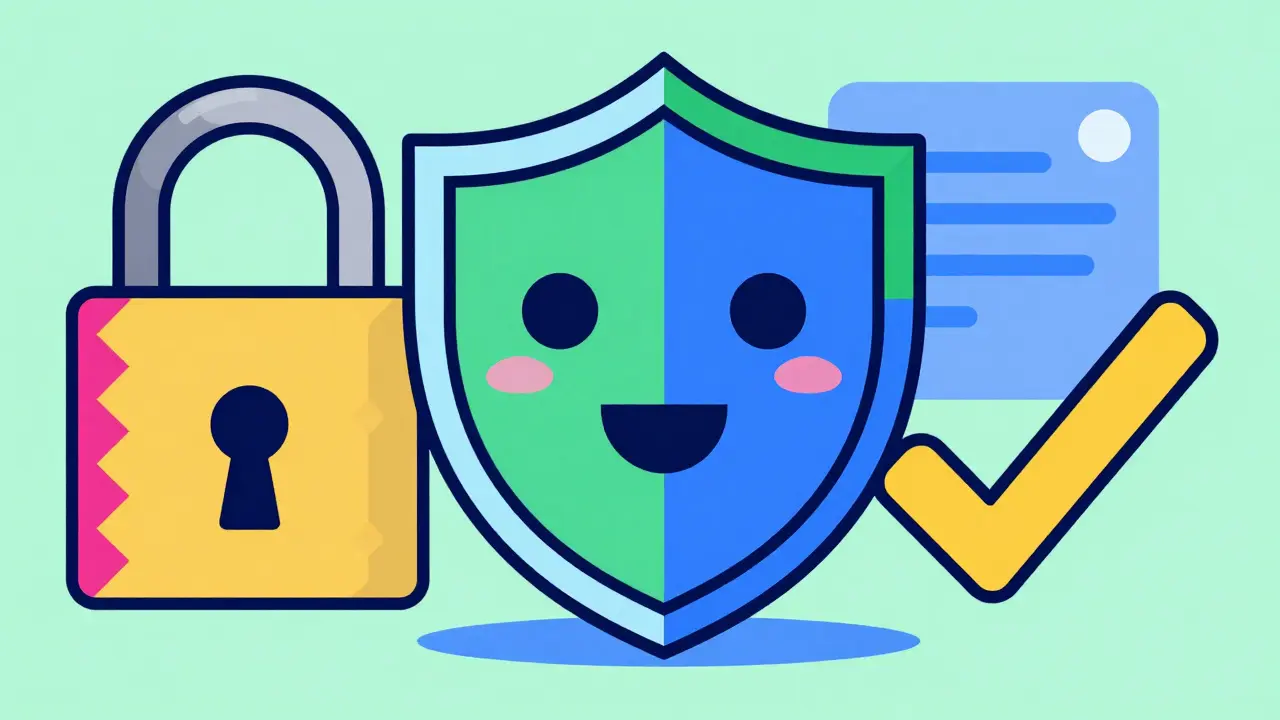 Colorful Memphis design shield icon symbolizing safe online pharmacy verification