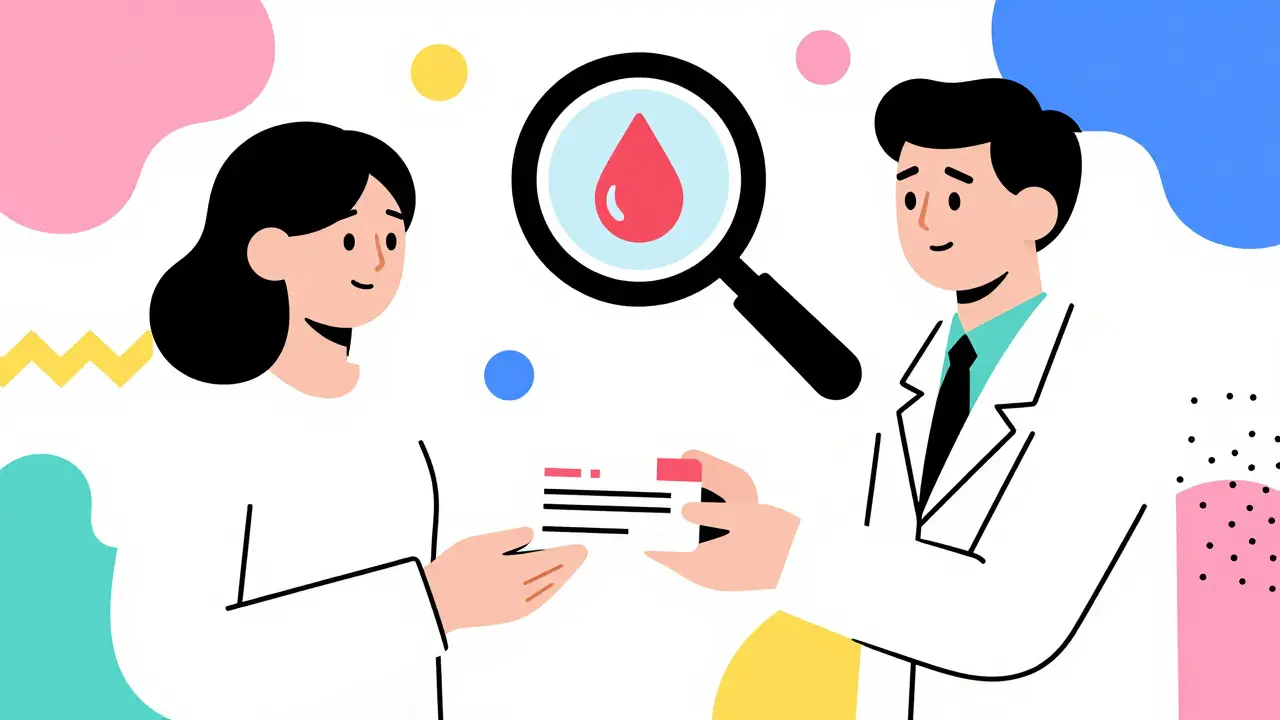Doctor handing prescription to patient with magnifying glass over blood drop