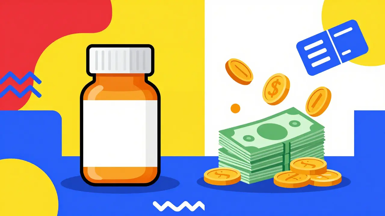Generic pill bottle and savings icons in Memphis illustration style
