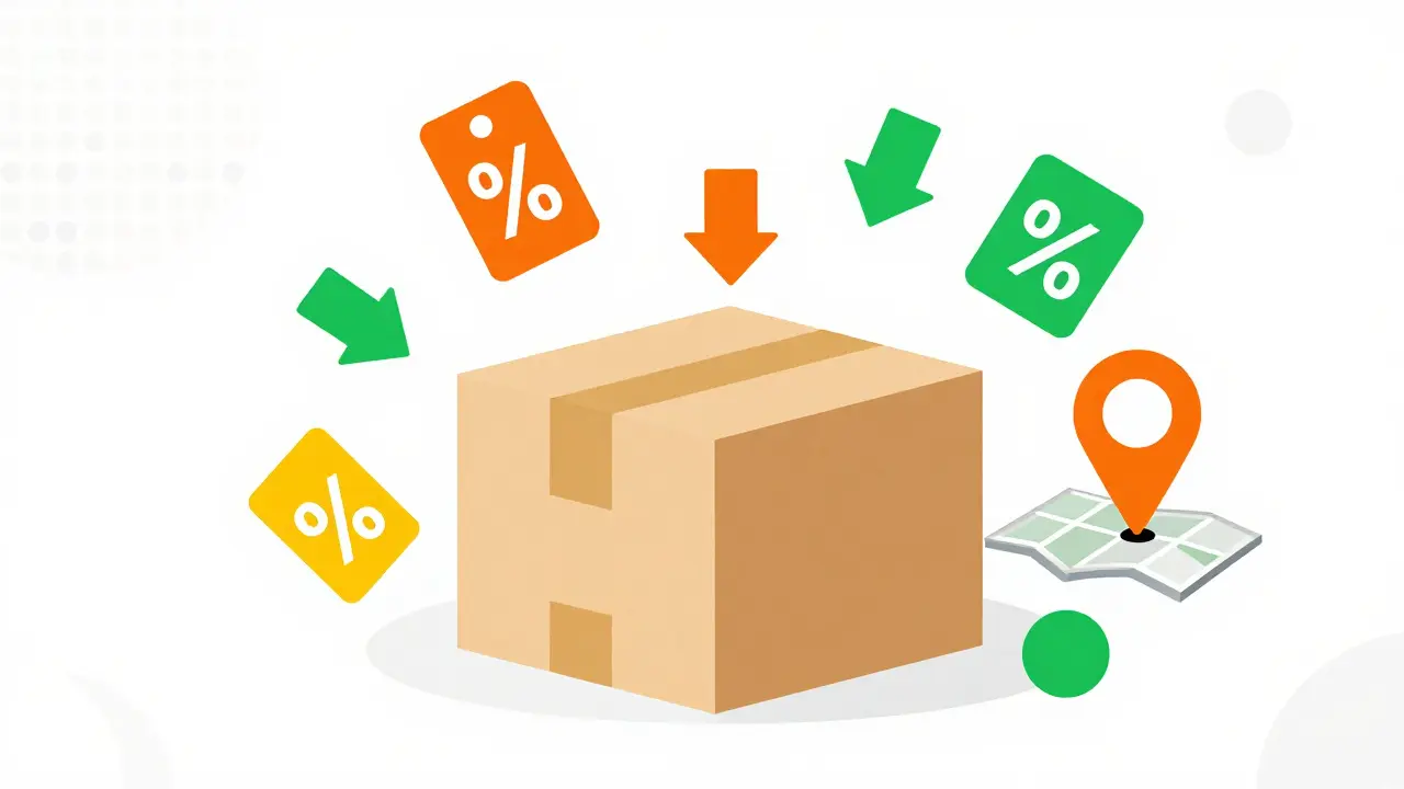 Illustration of medicine delivery box with price discount symbols