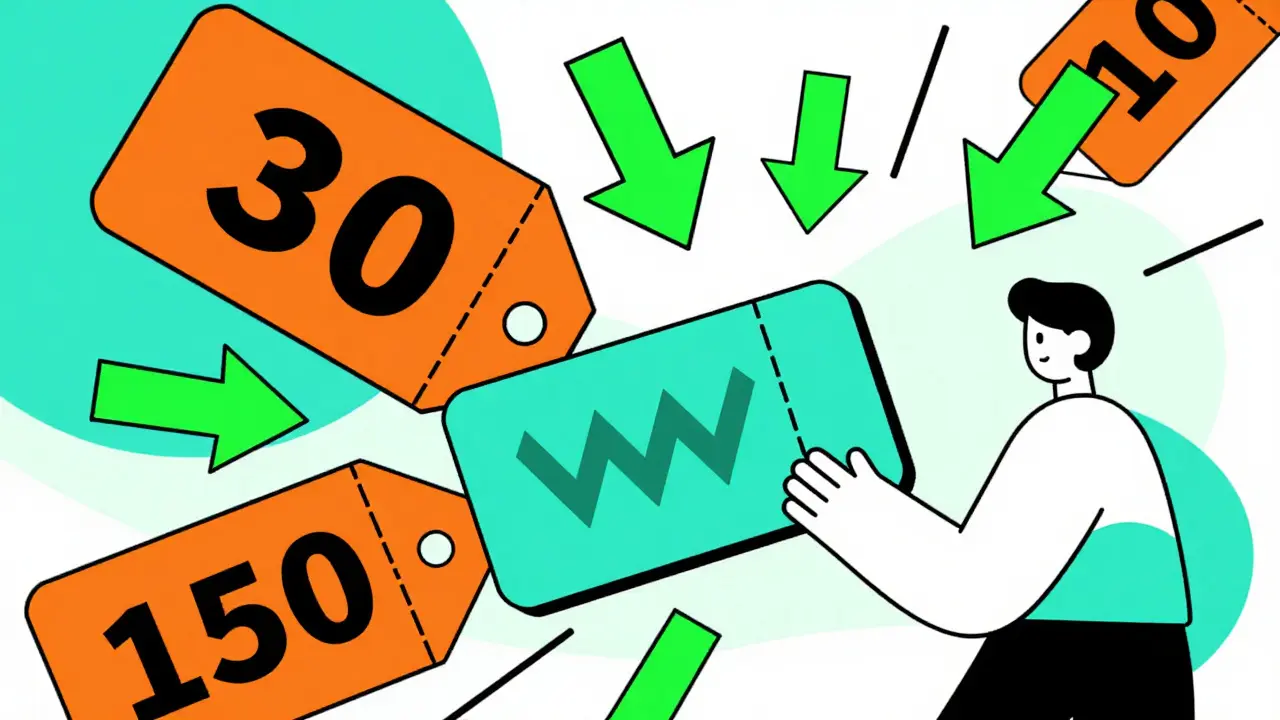 Memphis style illustration showing cost savings and discount coupons with bold geometric forms.