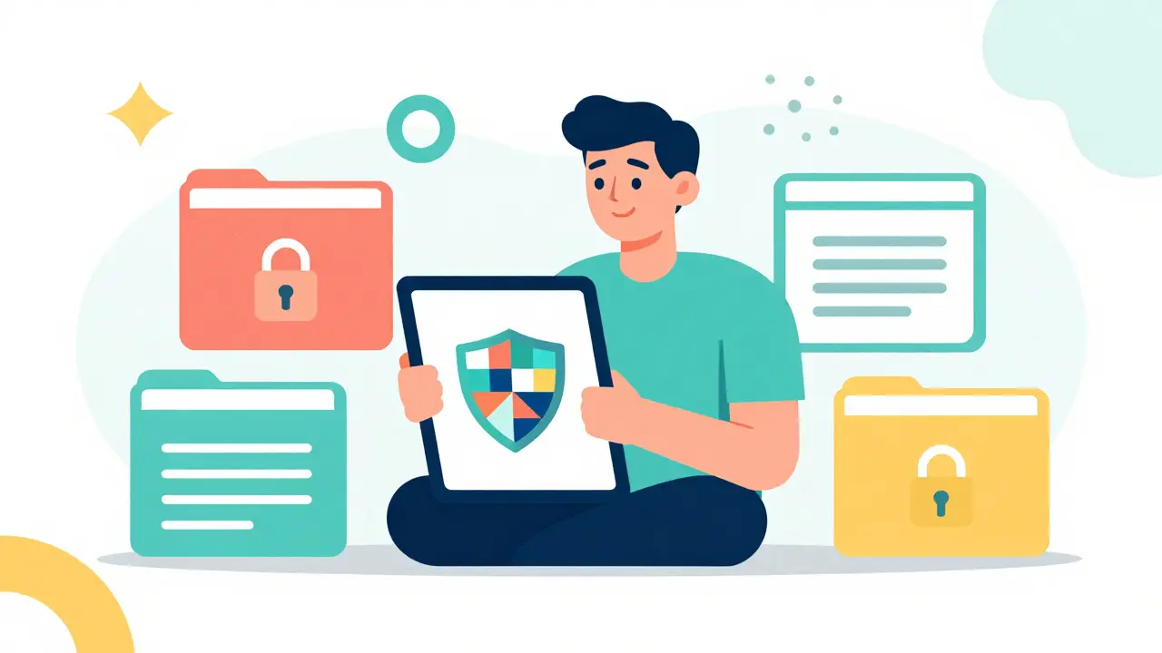 Secure health app shield with geometric shapes in Memphis style