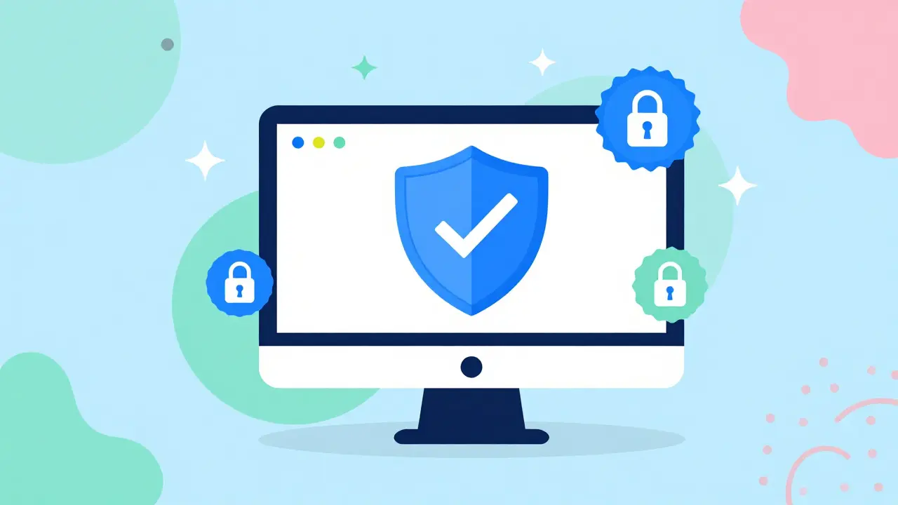 Secure online pharmacy shield with Memphis design elements
