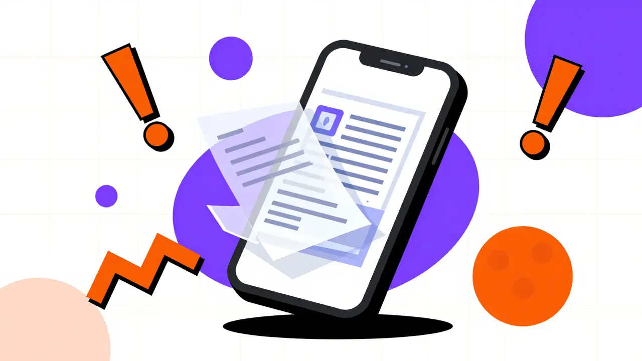 Smartphone leaking prescription data in colorful Memphis illustration